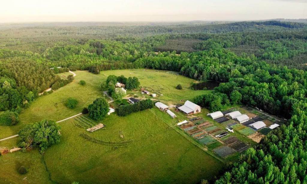 Drone aerial shot of Dinner Bell Farm in Snow Camp, North Carolina