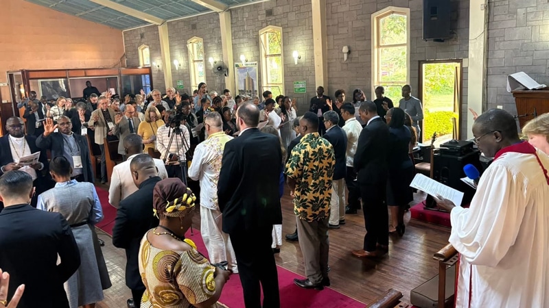 Board members participate in the closing worship service at Trinity United Methodist Church in Nairobi for the Spring board meetings April 8-10.